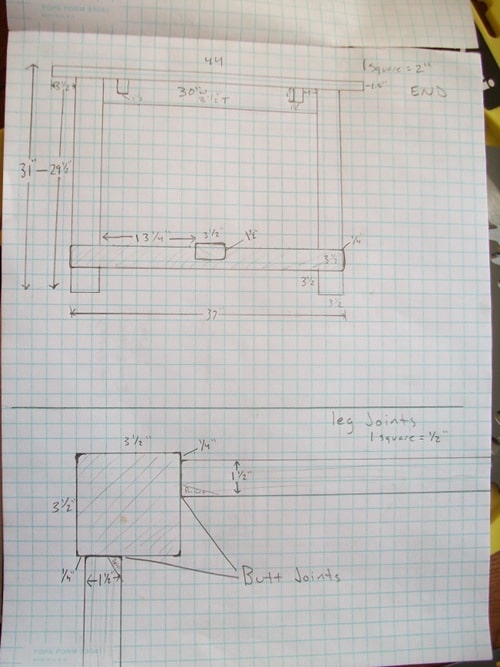 100_3019 Drawing for top and bottom view of table on grid paper.