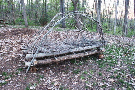 Survival shelter bed made with tree bushes. 