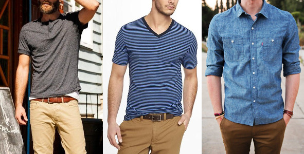 Men wearing different styles of tees shirt.
