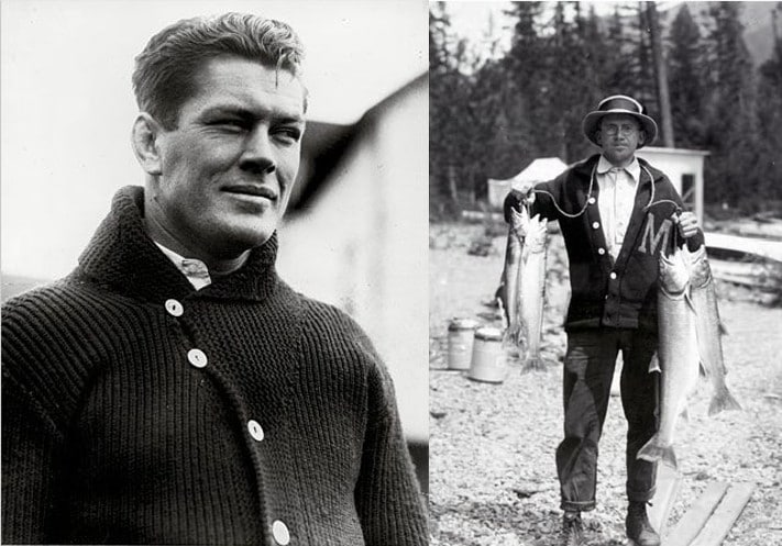 Gene tunney wearing cardigan and fisherman wearing cardigan.
